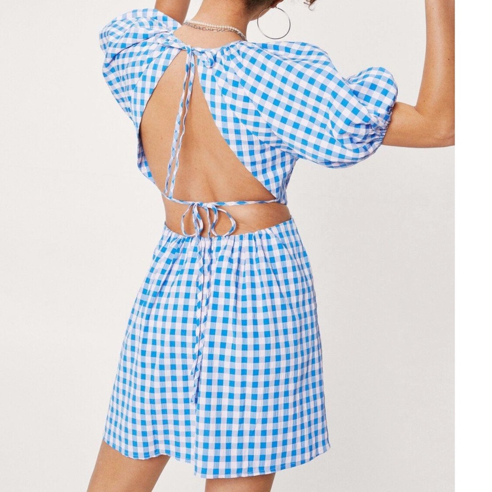 Backless Blue Gingham Mini Dress